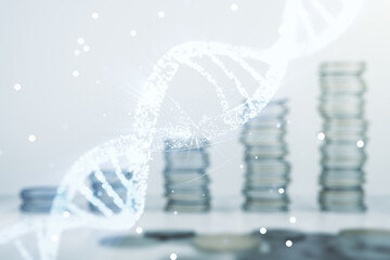 Virtual DNA symbol illustration on stacks of coins background. Genome research concept. Multiexposure