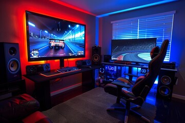 Gaming setup with ambient blue and red lighting.