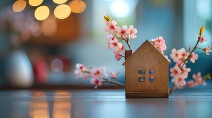 Obraz na płótnie Canvas Closeup house model with cherry blossoms on the table 