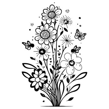 Bouquet Abstract Spring Flowers Butterfly illustration sketch hand draw