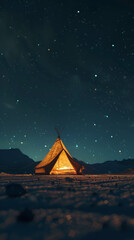 tent is lit up on the field with stars above, in the style of dark yellow and light beige, photorealistic landscapes,, realistic and hyper-detailed renderings, dark orange and aquamarine, 