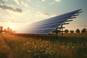 Solar panels in a field. Renewable energy. Energy saving. Installation of solar panels. Electricity with the sun.