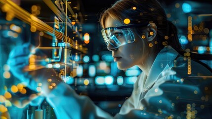 Laboratory technician bioengineer in futuristic lab making scientific research with state of the art equipment wearing safety gown and transparent glasses