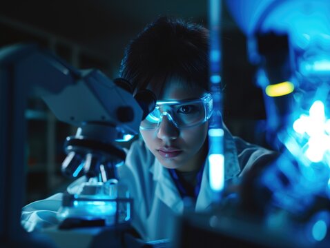 Laboratory technician bioengineer in futuristic lab making scientific research with state of the art equipment wearing safety gawn and transparent glasses