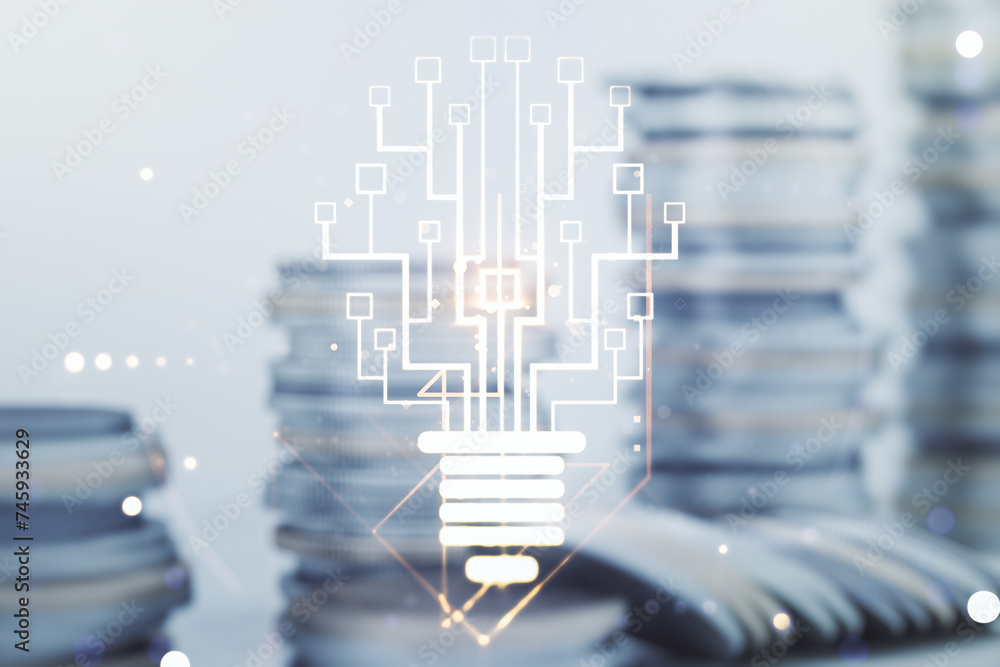 Poster virtual creative light bulb with chip hologram on growing coins stacks background, artificial intell