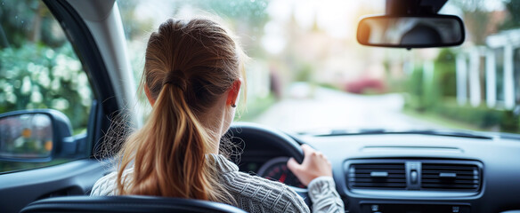 A woman driving a car, view through the windshield, driver's rear view, 3rd person view.