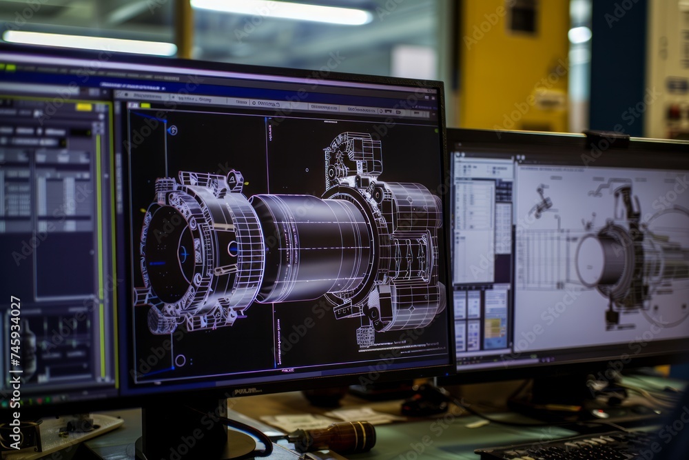 Aufkleber engineering design of a machine component on computer screens