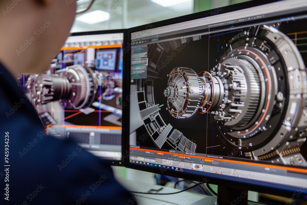Fototapete engineering design of a machine component on computer screens