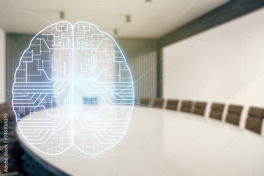 Aufkleber double exposure of creative artificial intelligence interface on a modern meeting room background. n