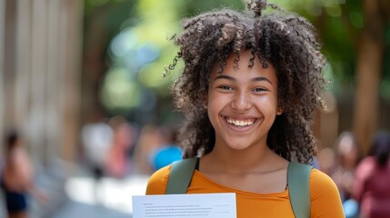 Smiling Young Woman with Curly Hair Holding a Letter Outdoors on a Sunny Day
