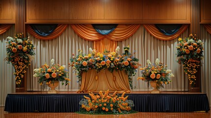 Fototapeta na wymiar Elegant Floral Arrangement Display at Sophisticated Event with Orange Blossoms and Exotic Greenery on Stage Background