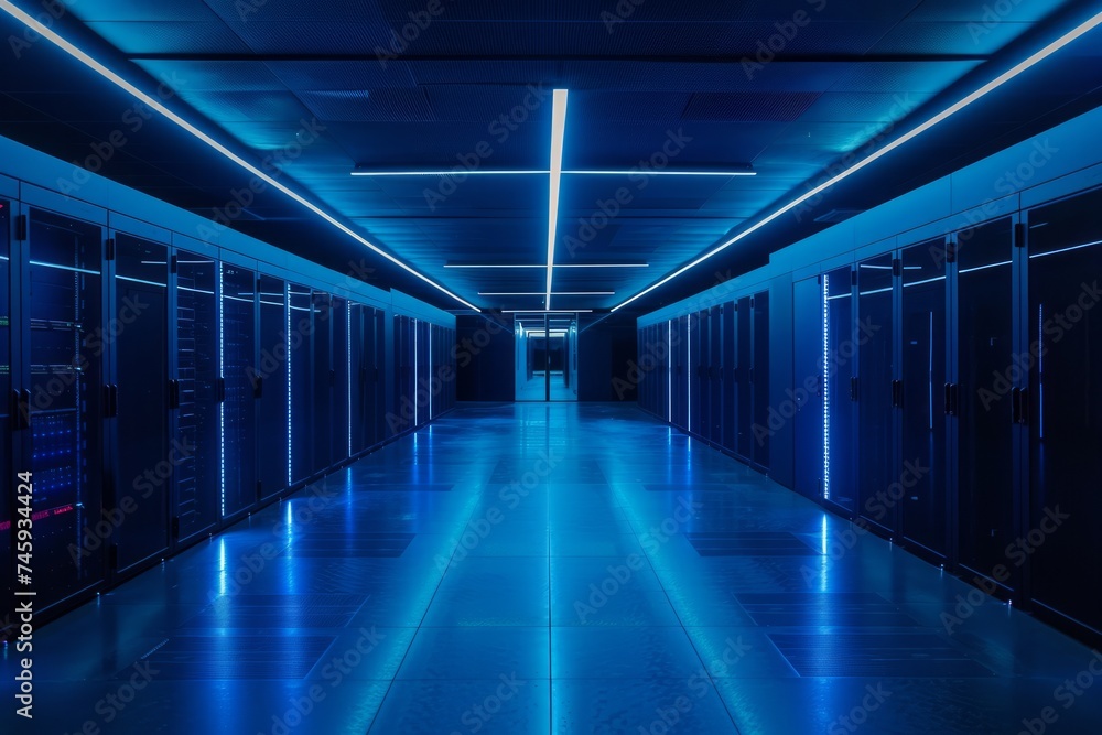 Aufkleber symmetrical view of a data center with server racks and blue lighting