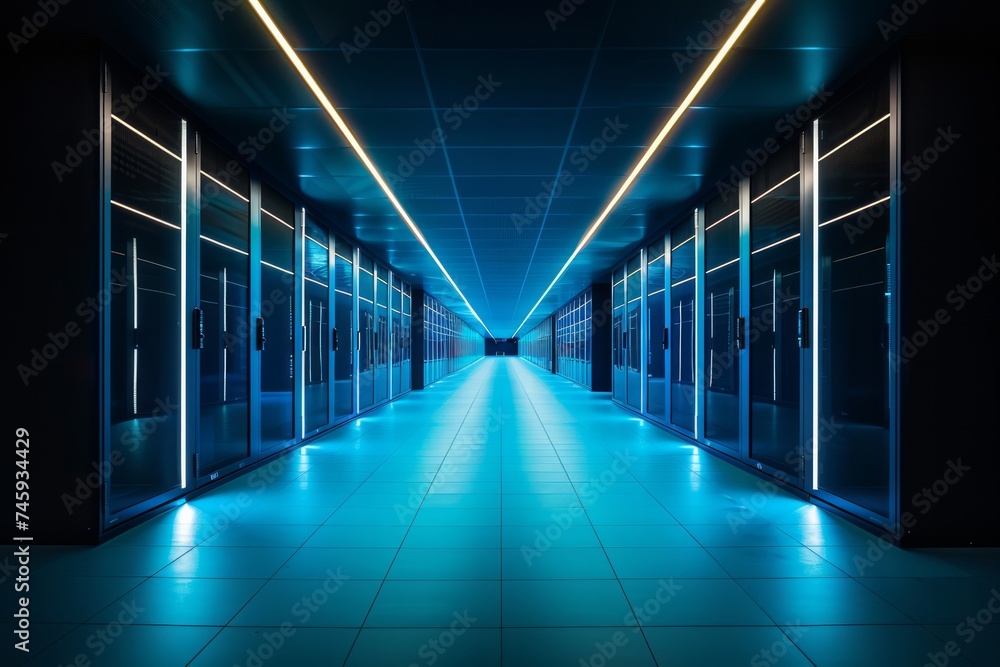 Poster symmetrical view of a data center with server racks and blue lighting