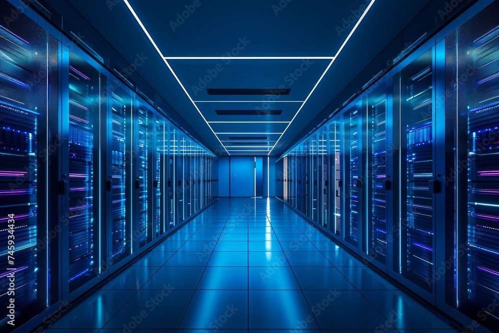 Aufkleber symmetrical view of a data center with server racks and blue lighting