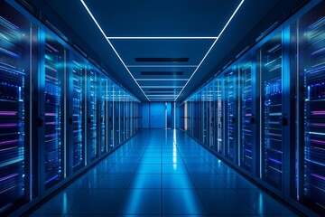 Fototapeta premium Symmetrical view of a data center with server racks and blue lighting