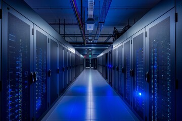 Symmetrical view of a data center with server racks and blue lighting