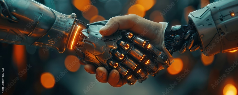 Poster a business partnership captured in a close up handshake with a subtle nod to the role of ai technolo