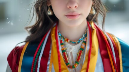 Portrait of a Young Woman in Traditional Ethnic Attire with Colorful Beads and Scarf Outdoors in Snow