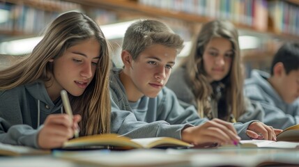 Group of Teenage Students Focused on Studying Together at Library Table with Books