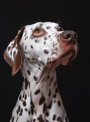 A close-up portrait of a Dalmatian dog, showcasing its unique spotted fur and attentive expression, highlighting the beauty of the breed