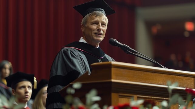 University Dean Delivering Inspiring Commencement Speech at Graduation Ceremony in Auditorium