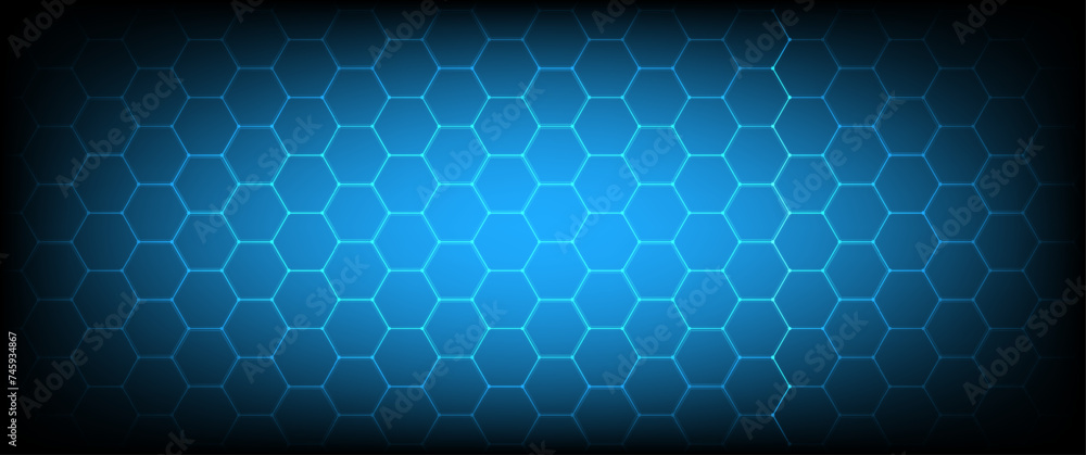 Poster dark gray and blue technology hexagonal vector background. abstract blue bright energy flashes under