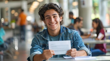 Young Male Student Smiling with Paperwork in University Campus Environment - obrazy, fototapety, plakaty