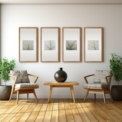 3 A4 frames on wooden floor, mock up in living room.