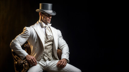 Confident Young Man in Vintage White Tuxedo and Top Hat Seated in Studio