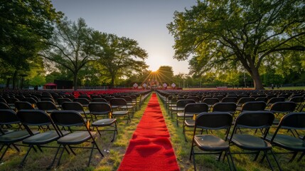 Serene Outdoor Graduation Event Scene with Red Carpet Aisle and Empty Chairs at Sunset