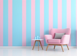 Modern minimalist interior with a pink armchair, Coffee table with decorative item, and a striped pastel blue and pink wall. Stylish home decor with a cozy, clean design
