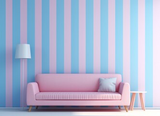 Modern minimalist living room with pink sofa, floor lamp, and side table against a striped pastel blue wall. Cozy interior design concept