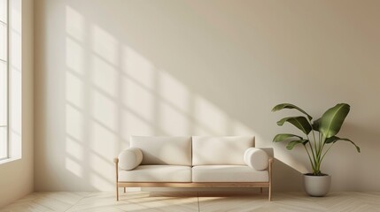 Minimalist living room interior with a comfortable beige sofa, potted plant, and natural light casting shadows on a plain wall