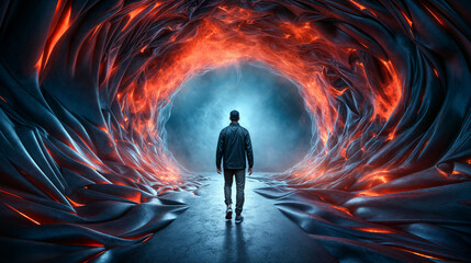 Solitary Man on a Surreal Quest in Red and Blue Illuminated Organic Tunnel