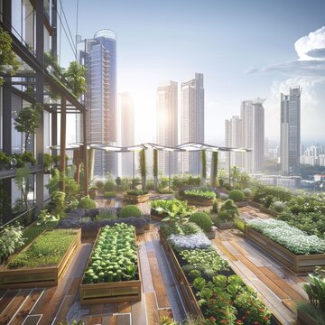 Sustainable urban architecture featuring a high-rise building with a lush rooftop garden against a city skyline.