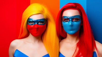 Two women with vibrant yellow and red hair, wearing blue and red masks against a split red and blue background