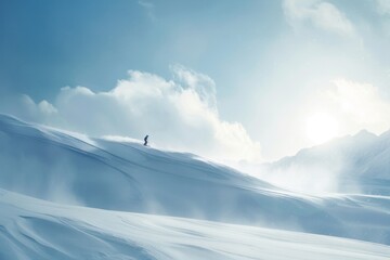 A vast snow hill landscape with an ambitious person in the distance - obrazy, fototapety, plakaty