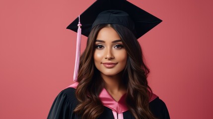 Portrait of a young woman in graduation attire, smiling against a pink background