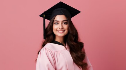 female graduate student with her graduation cap and pink gown smiling 