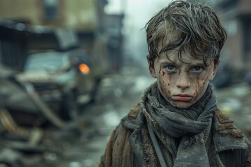 Obraz premium A somber depiction of a young child's survival in a post-apocalyptic world surrounded by ruins and destruction