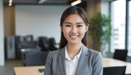 Professional, confident Asian business woman in office meeting room	