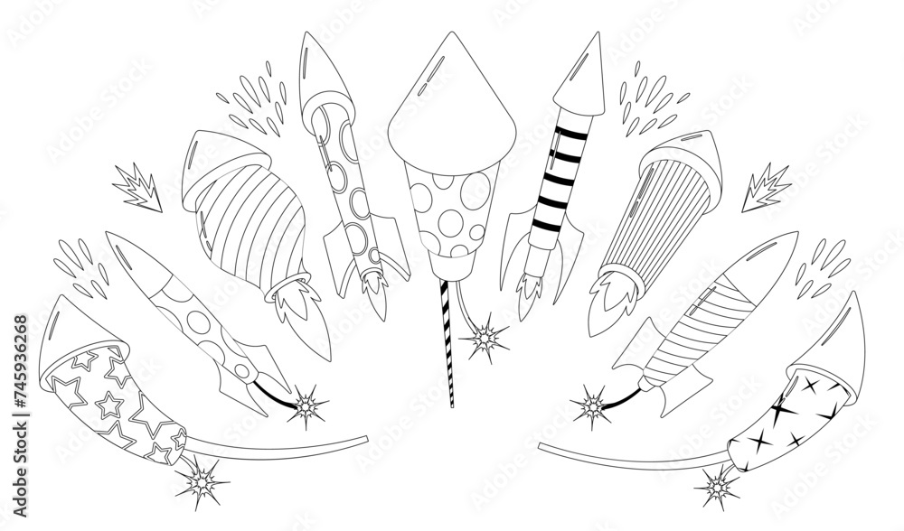 Poster firework rockets with burning wicks isolated monochrome outline vector icons set. explosive pyrotech