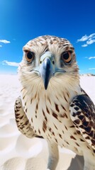 Obraz premium Close-up of a hawk in a desert, looking directly at the camera with a clear blue sky in the background