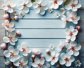Fototapeta na wymiar Background showing a top view of a light blue wooden background decorated with fresh spring flowers
