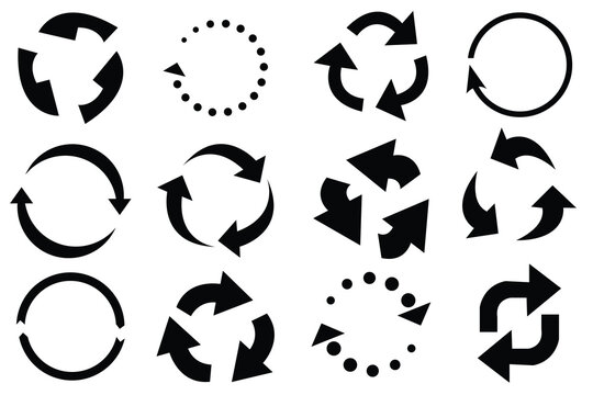 Set of circle arrows rotating on white background. Refresh, reload, recycle, loop rotation sign collection. Black circle arrows for infographics, web design. Vector illustration flat style clip art 46