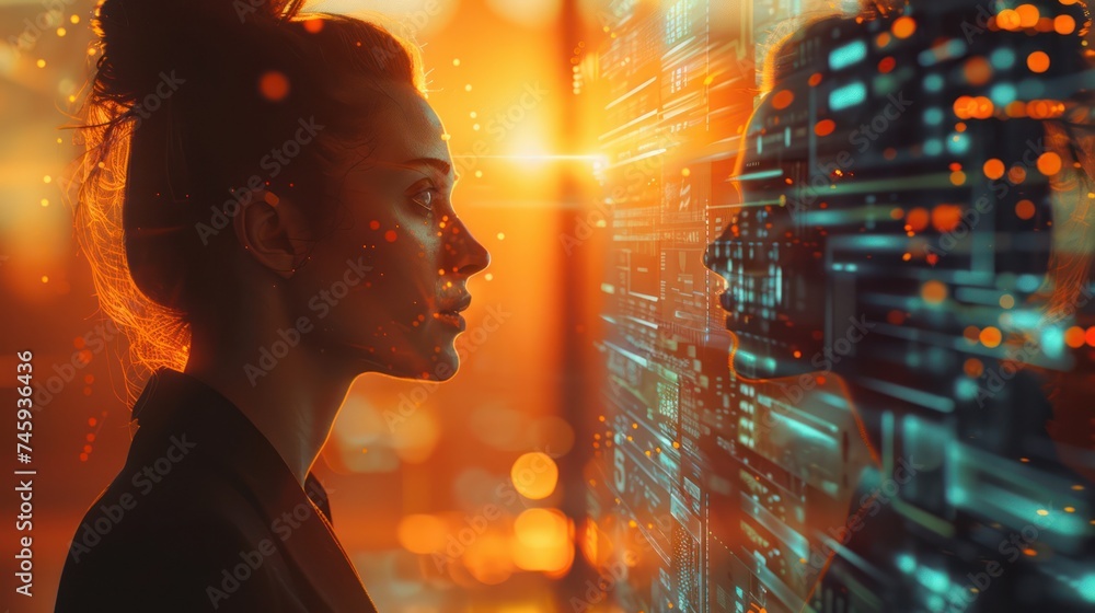 Poster a futuristic ai technology displaying a digital representation of a man and woman collaborating in b