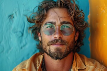 A man in a yellow jacket leans against a blue wall with a yellow panel in a pensive pose