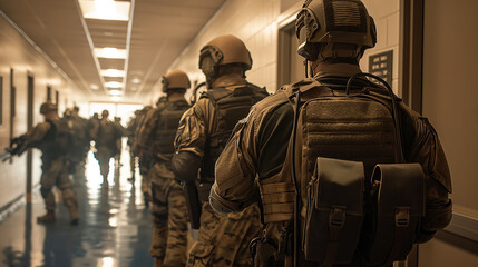 Responding to a Crisis, School Emergency, Police SWAT Team Enter School Classroom, Generative AI