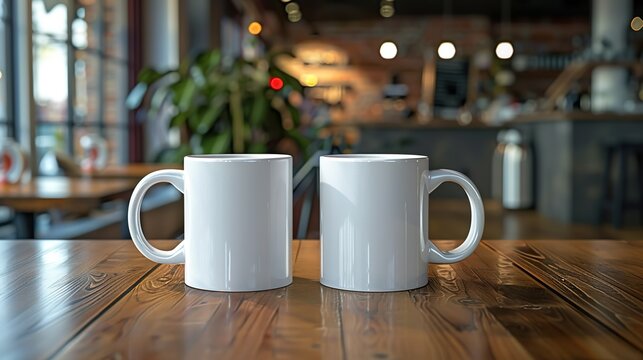 Maqueta de dos tazas en blanco de caf&eacute; colocadas sobre una mesa de madera. Generado por IA.