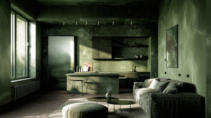 Interior in green tones. Total green. Minimalism.